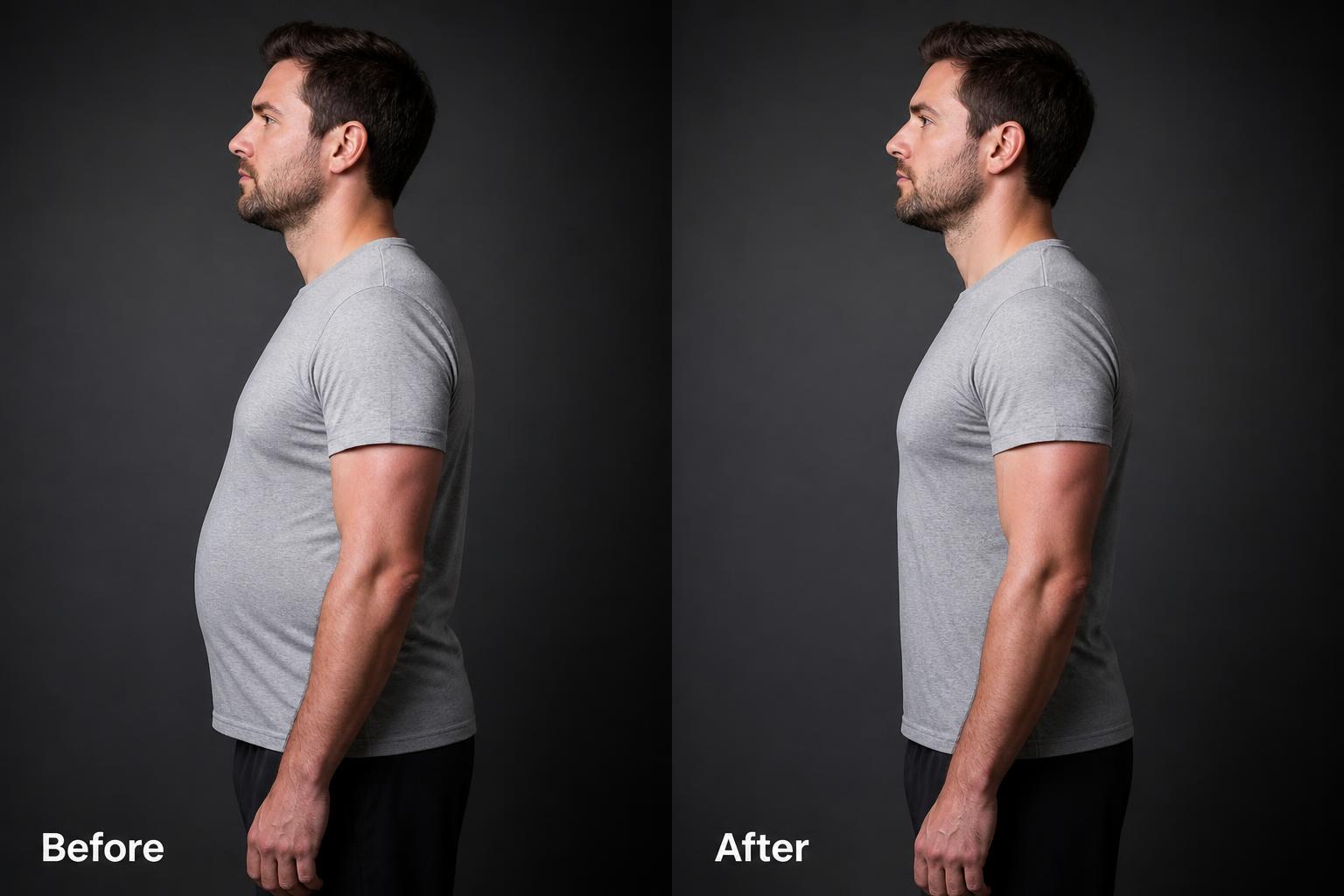 Before and after comparison showing a flatter stomach and improved posture while wearing the Stratum Core vest under a t-shirt