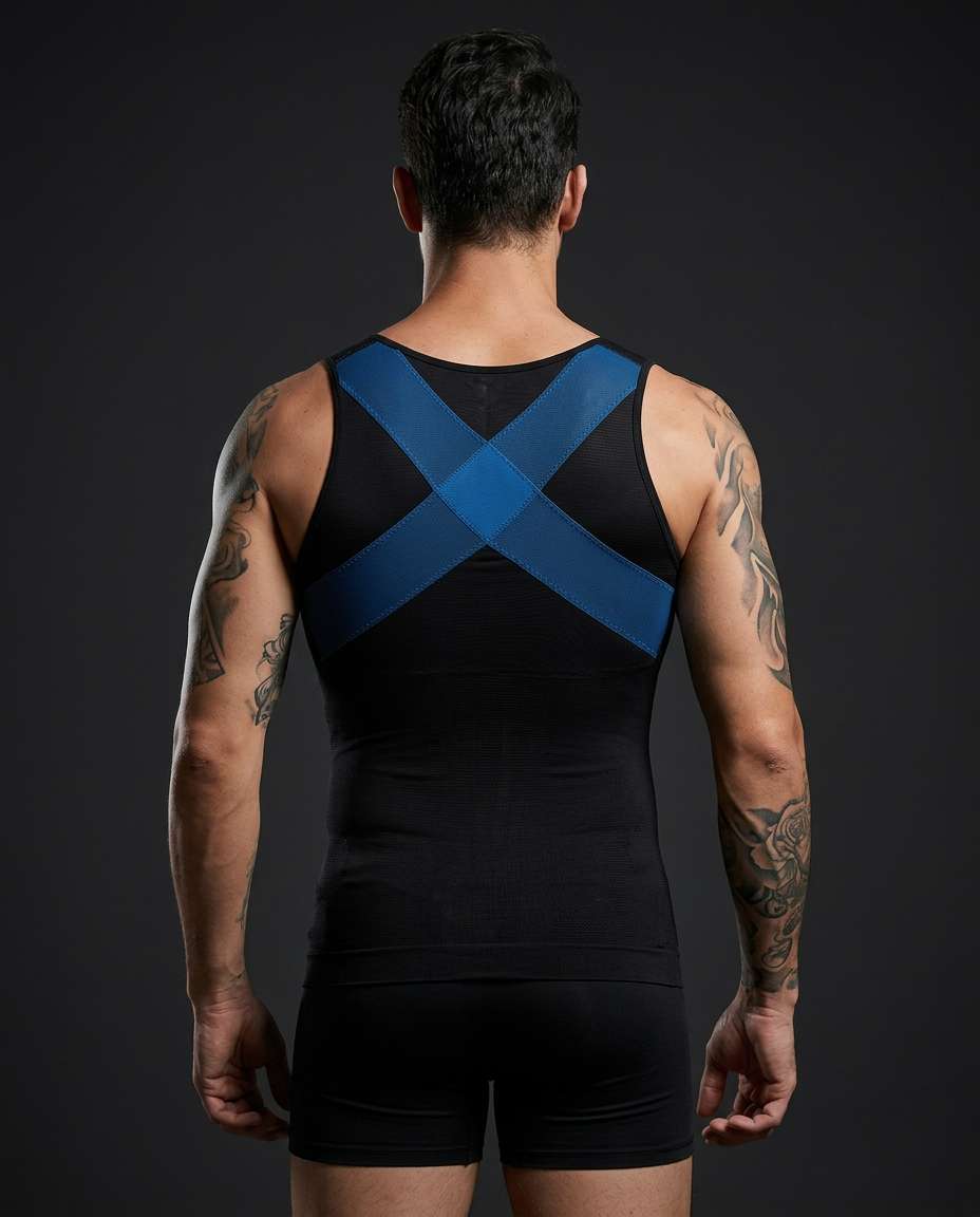 Back view of the black compression vest showing the X-shaped posture support panel